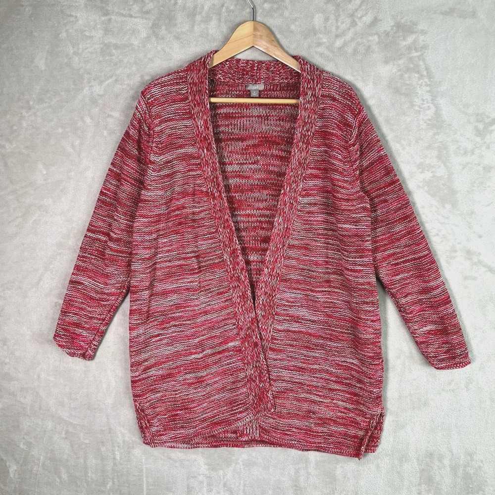 J Jill Knit Cardigan Sweater Red Pink‎ Marled Medium Open Front 3/4 Sleeve Cozy